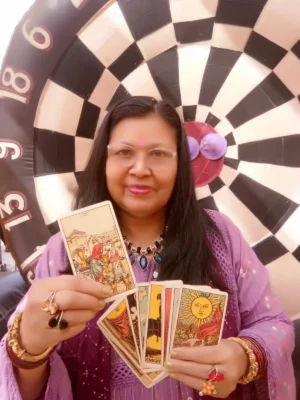 tarot card reader in hyderabad Tarot card reader with vibrant backdrop.